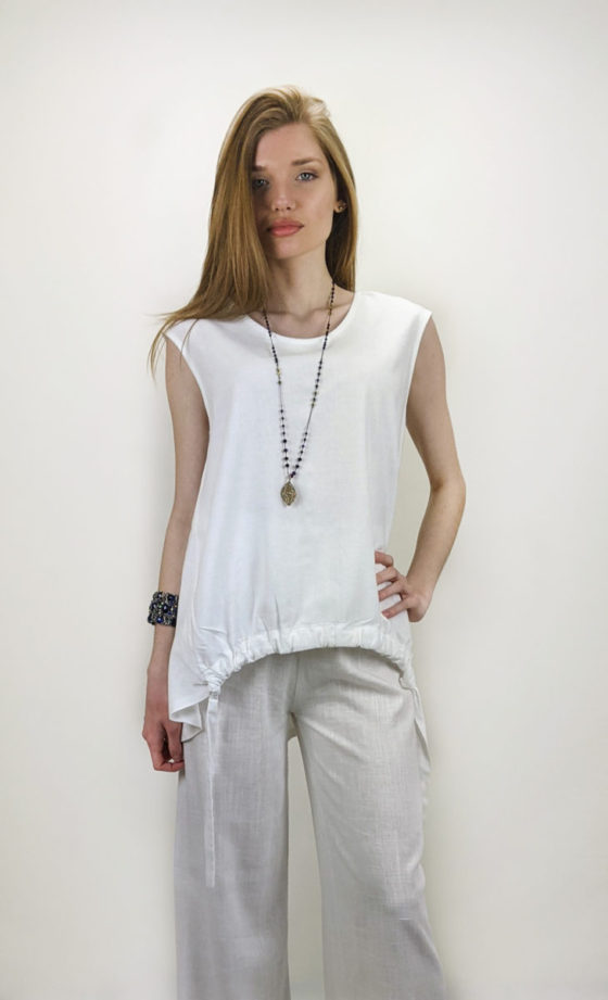 Mixed linen Sleeveless Women Blouse made in Greece with string and front ruffle