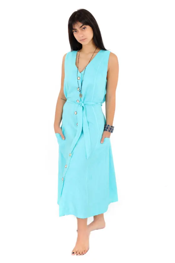 Sleeveless button dress with belt for indescribable style